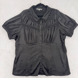 Black Satin Ruched Blouse Short Puff Sleeves Whimsigoth NY Collection Size 3X
